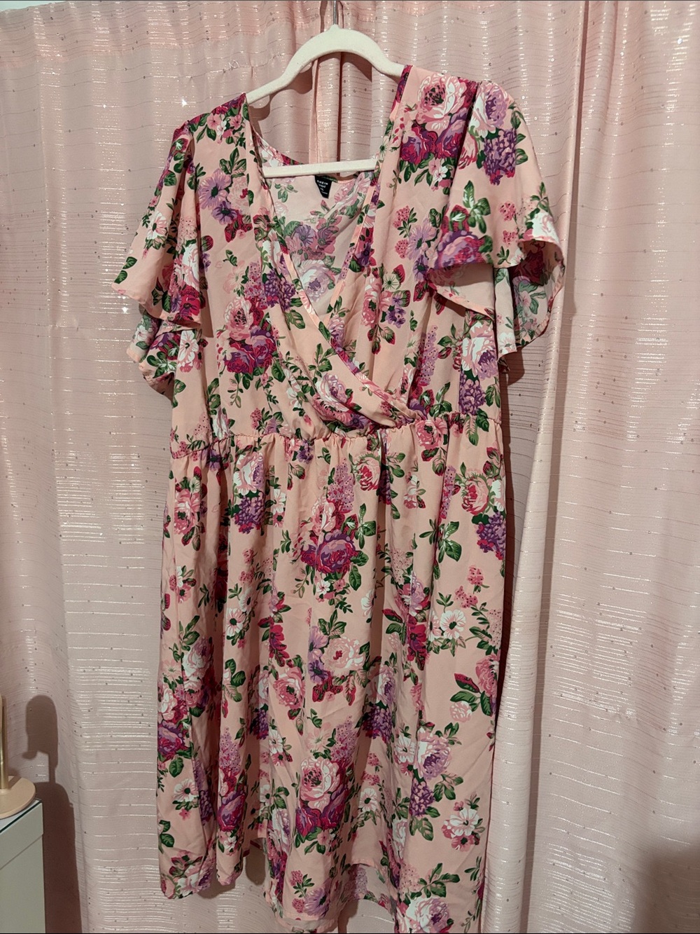 SHEIN Pink Floral Faux-Wrap Flutter Sleeve Dress